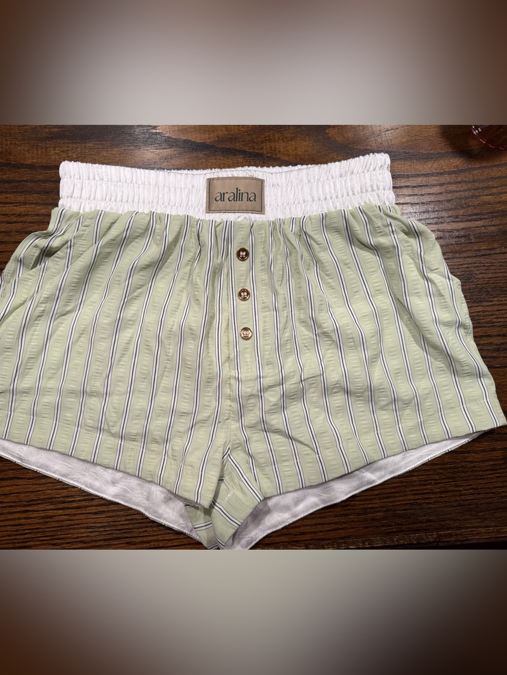 Aralina Light Green Striped silky Pajama Shorts
